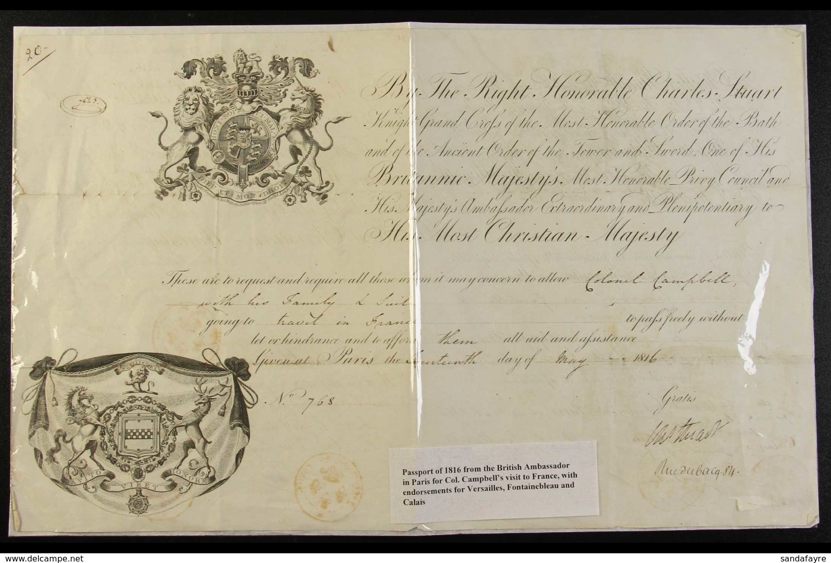 1816 PASSPORT Superb Engraved Passport With The Royal Coat Of Arms And The Arms Of The Right Honourable Charles Stuart,  - Other & Unclassified