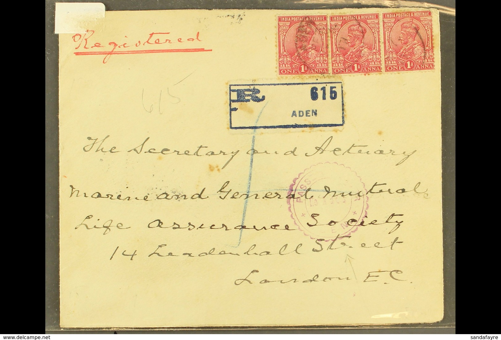 1917 Registered Cover To London Bearing India 1a KGV Strip Of Three Tied By Aden Cds's; Alongside Aden Registration Labe - Aden (1854-1963)