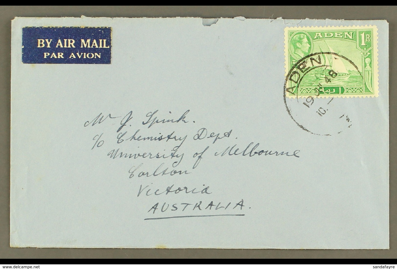 1948 (19 July) Envelope To Australia Bearing KGVI 1R Emerald-green (SG 24) Tied By Aden Cds.  For More Images, Please Vi - Aden (1854-1963)