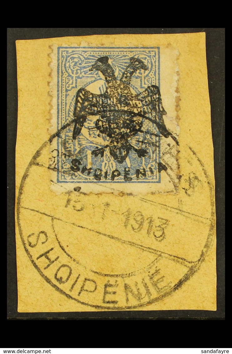 1913 1pi Ultramarine Perf 12 With Double Eagle Overprint (Michel 7, SG 7), Used On Piece Tied By Complete "Durres" Cds C - Albania