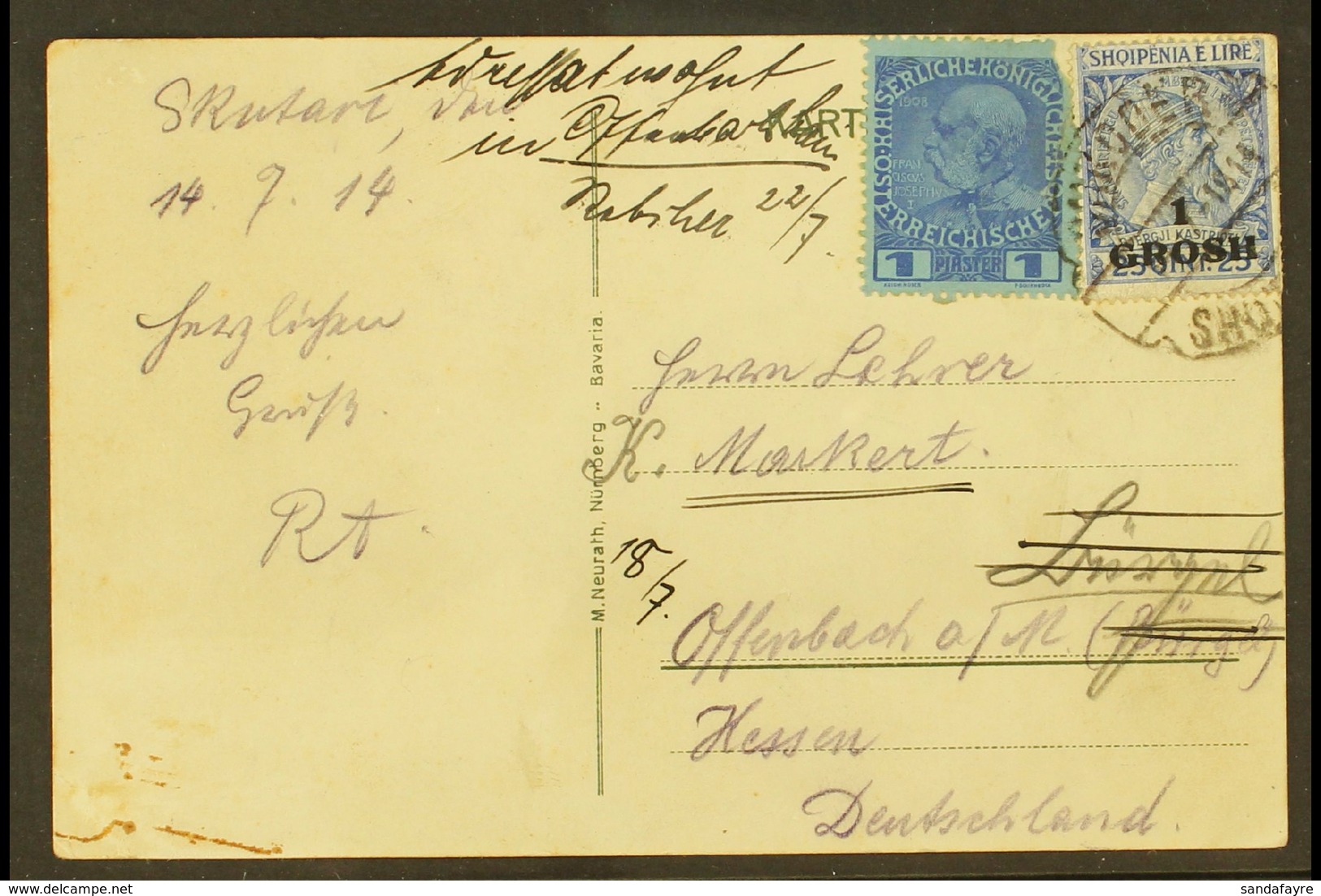 1914 MIXED FRANKING. (17 July) Picture Postcard To Germany, Redirected, Bearing Austrian PO's In Turkey 1914 1pi Stamp ( - Albania