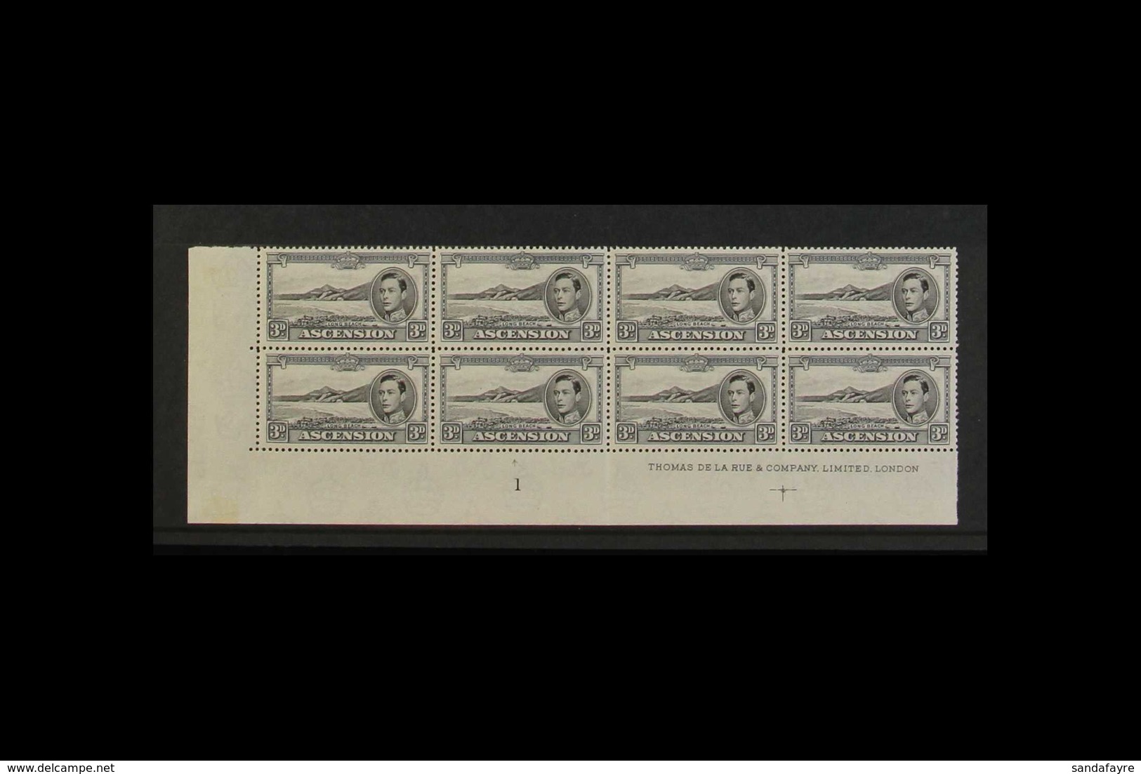 1940 3d Black And Grey, SG 42b, Lower Left Corner Block Of Eight (4 X 2) With Plate Number And Imprint, Showing Retouch  - Ascensione
