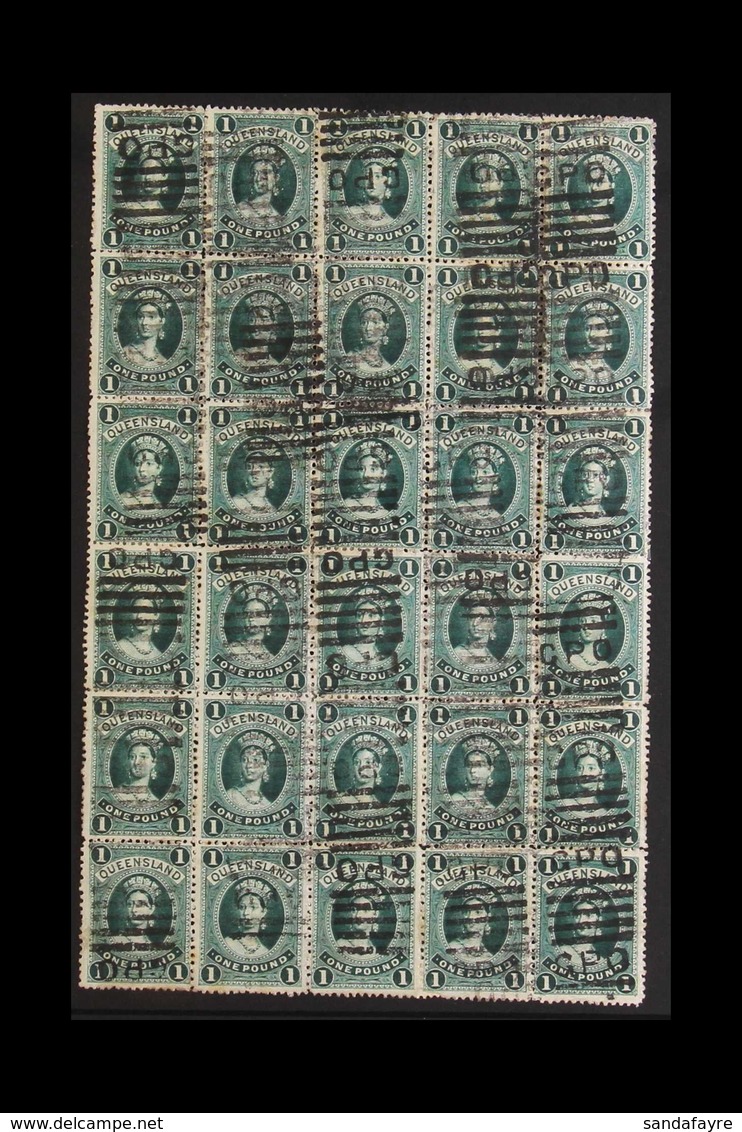 QUEENSLAND 1882-95 £1 Deep Green On Thick Paper, Wmk 'Crowned Q', USED SHEET OF THIRTY Showing The Re-entry (Row 1/2) An - Other & Unclassified