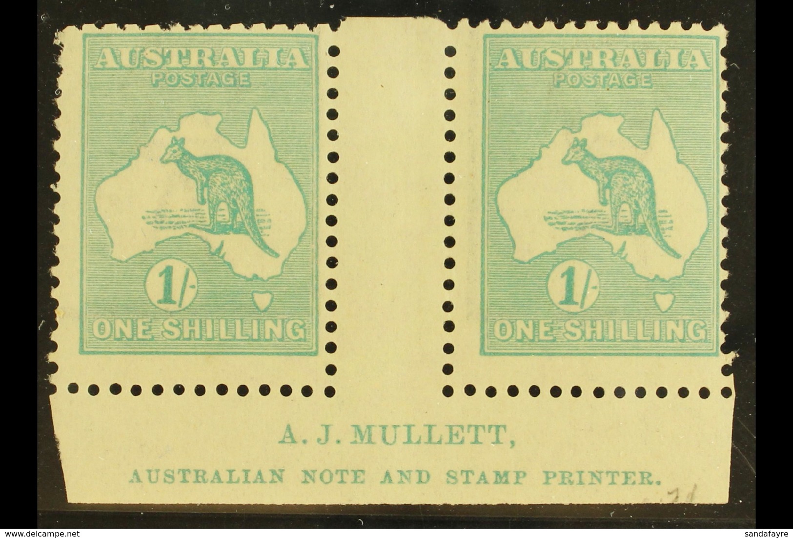 1915-27 1s Blue-green 'Roo, Die IIB, SG 40b, Lower Marginal Gutter Pair With "A.J. MULLETT" Inscription, Never Hinged Mi - Altri & Non Classificati