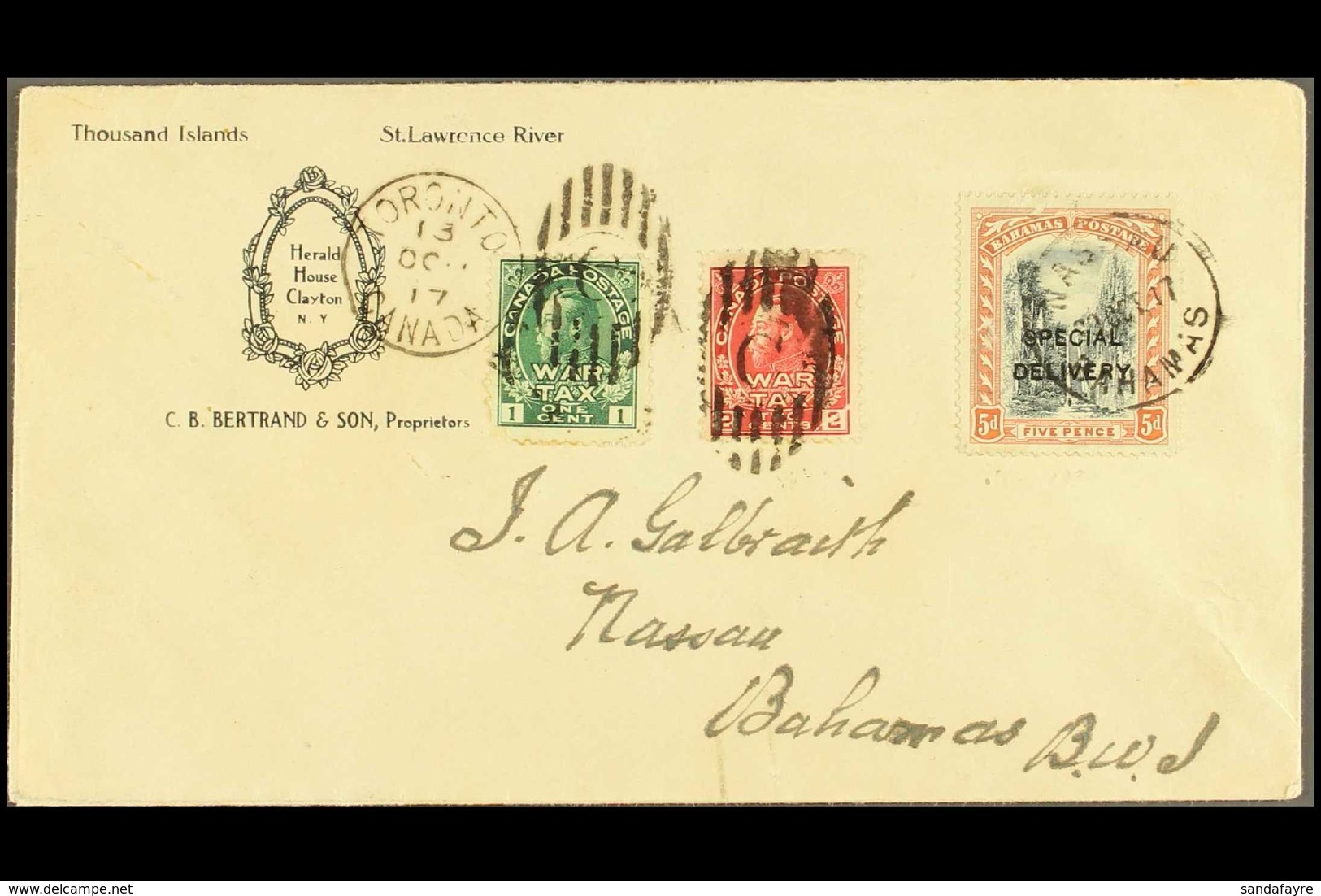 1917 (Oct) Inward Envelope From Toronto, Canada, Bearing Admiral War Tax 1c And 2c, Special Delivery 5d Black And Orange - Altri & Non Classificati