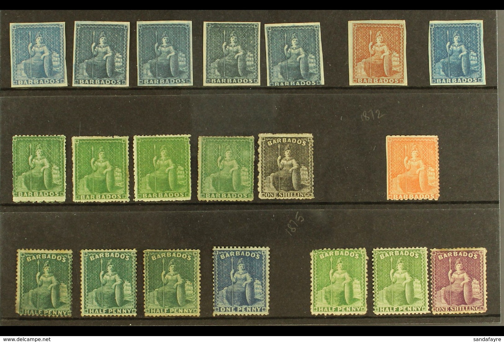 1852-81 MINT / UNUSED "BRITANNIA" COLLECTION Presented On A Stock Card. Includes 1852-55 Blued Paper (1d) Blue Mint X5 W - Barbados (...-1966)