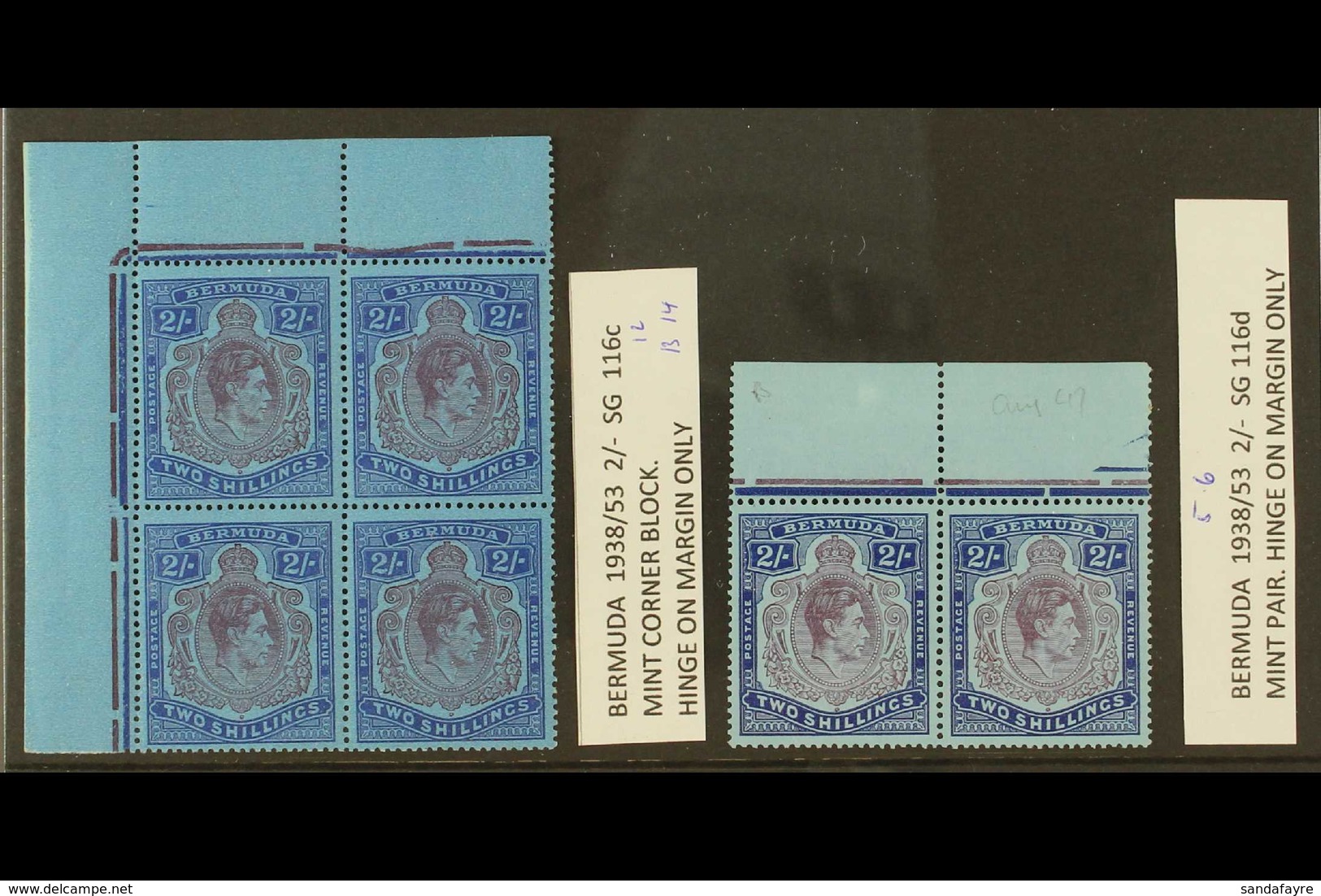 1938-53 2s Purple & Blue On Deep Blue Ordinary Paper Perf 14, SG 116c, Superb Mint (stamps NHM) Upper Left Corner BLOCK  - Bermuda