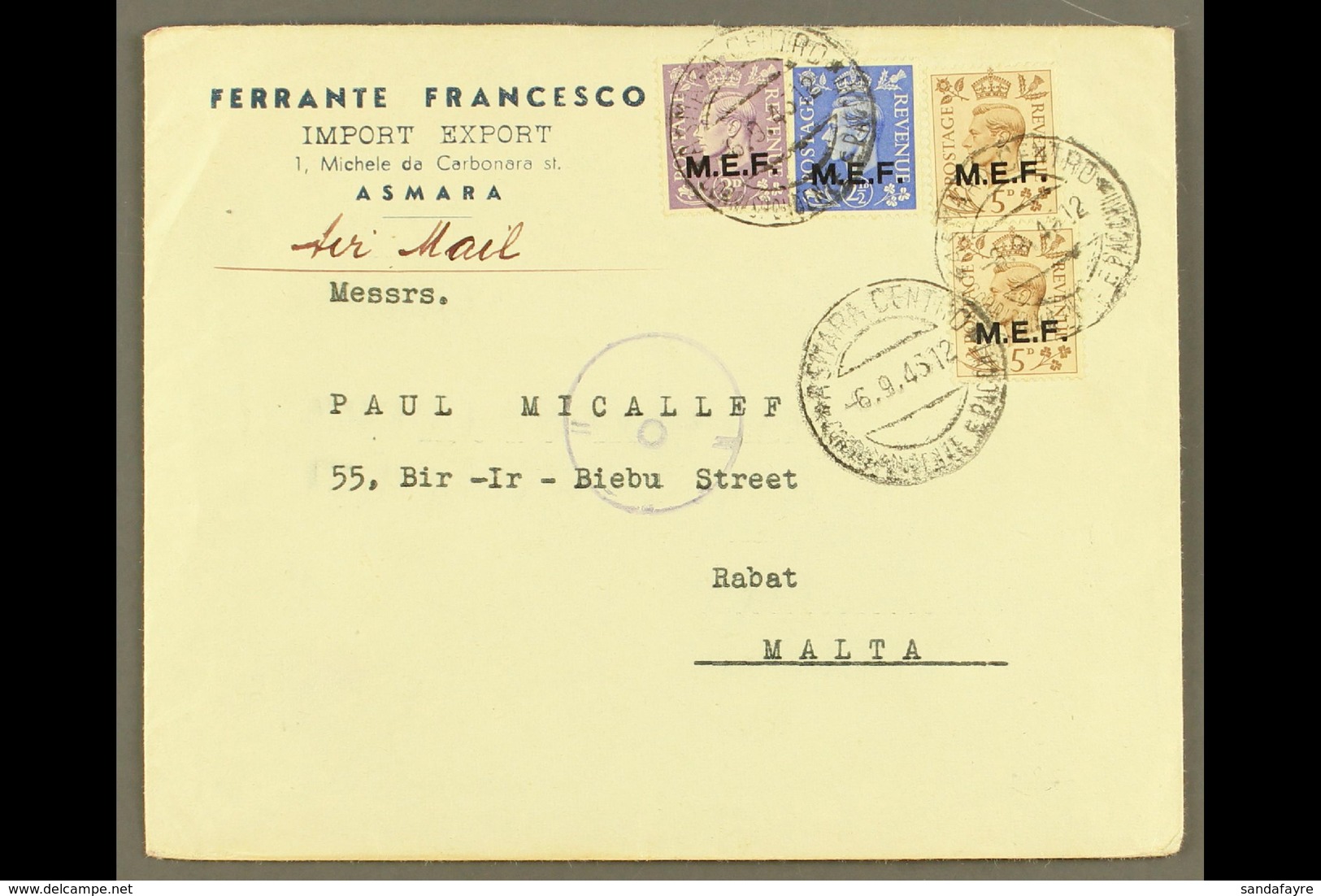 ERITREA 1945 Commercial Cover To Malta, Franked With 2½d, 3d & 5d Pair Of KGVI "M.E.F." Overprints, SG M13/15, Asmara 6. - Africa Orientale Italiana
