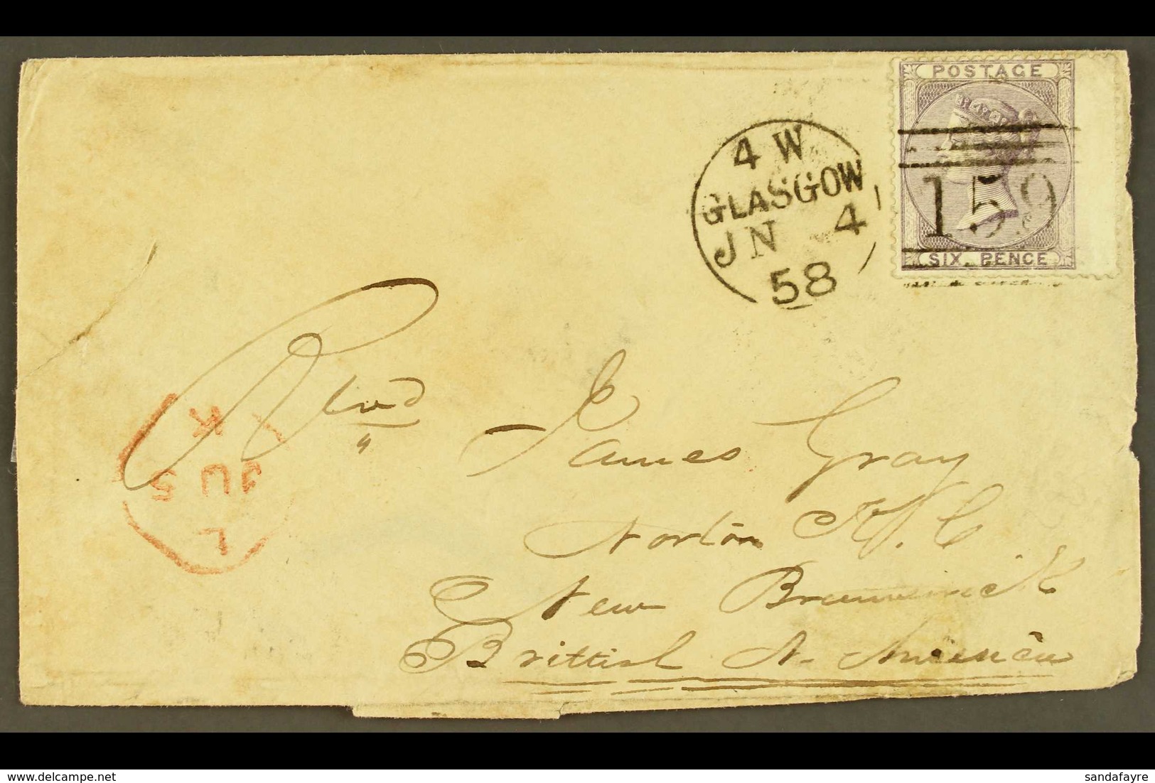 1858 (4 Jun) Env From Scotland To New Brunswick Bearing GB 6d 'no Corner Letters' Stamp Tied Glasgow Pmk & London Transi - Altri & Non Classificati
