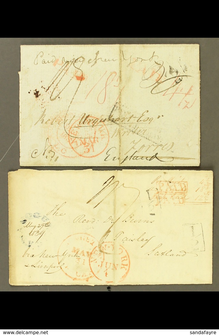 1837-1839 MAIL TO GREAT BRITAIN. Two Part Entire Letters Addressed Via New York To London And To Scotland (with Two Scot - Other & Unclassified