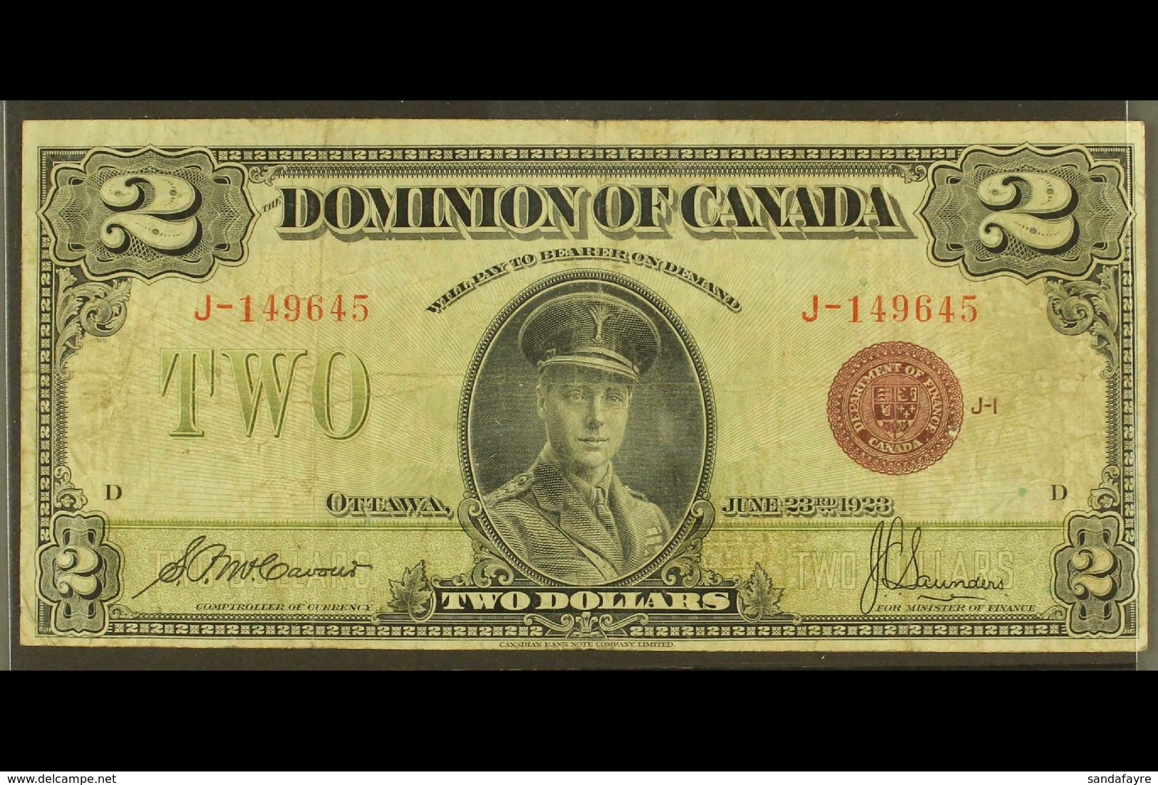 1923 $2 Black On Olive With Red Bronze And McCavour & Saunders Signatures Group 1 BANKNOTE, Pick 34e, Very Good Conditio - Other & Unclassified