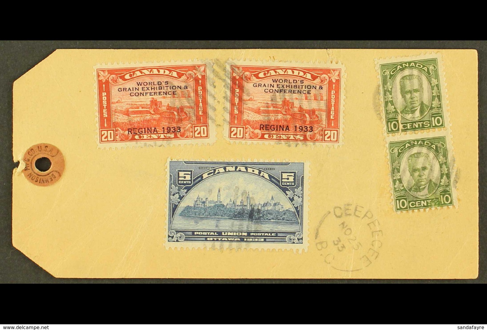1933 Parcel Label To Ottawa Franked 1931 10c Green Pair, 1933 UPU 5c Blue And 20c Red Grain Conference (2), Tied By Mute - Altri & Non Classificati