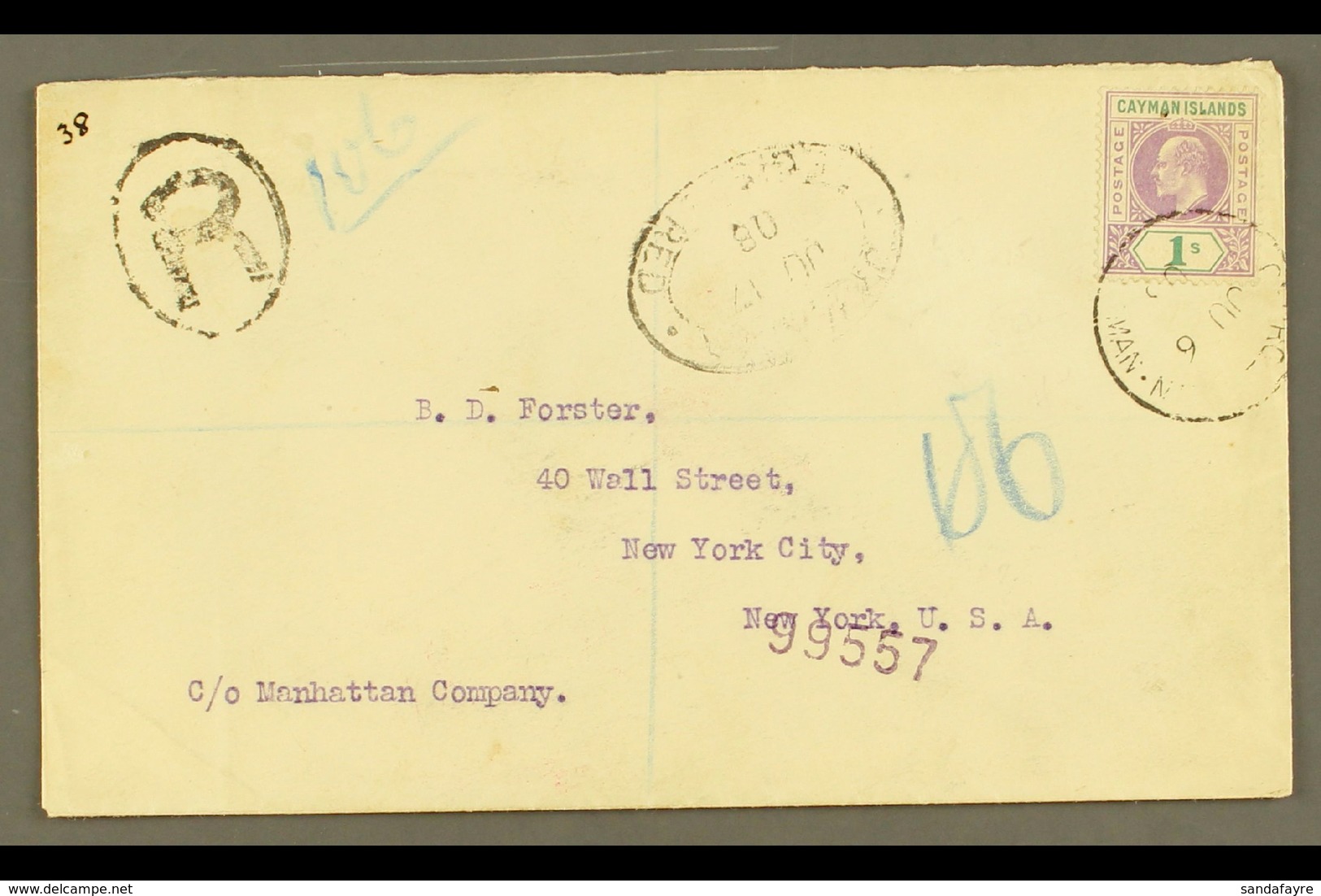 1908 (6 June) Registered Cover To USA, Bearing 1907 1s Stamp (SG 15) Tied By "George Town" Cds, With Registration "R" Ca - Cayman Islands