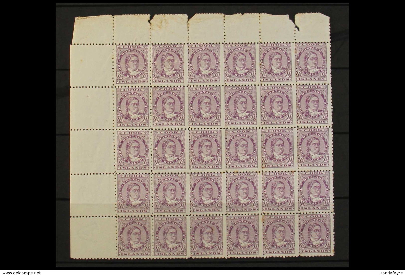 1896 1½d Deep Lilac Queen Makea Takau, SG 14, Upper Left Corner Block Of Thirty (6 X 5), Unmounted Mint, Age Marks On So - Cook