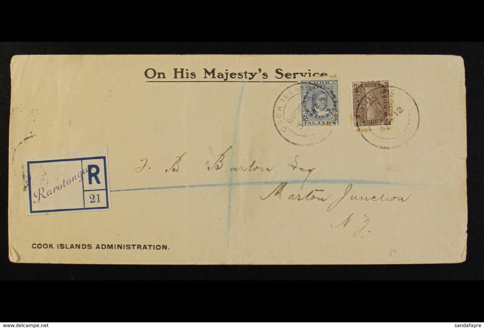 1912 (Oct) Scarce OHMS Cook Islands Administration Envelope, Registered To Marton Junction, New Zealand, Bearing 2d Tern - Cook