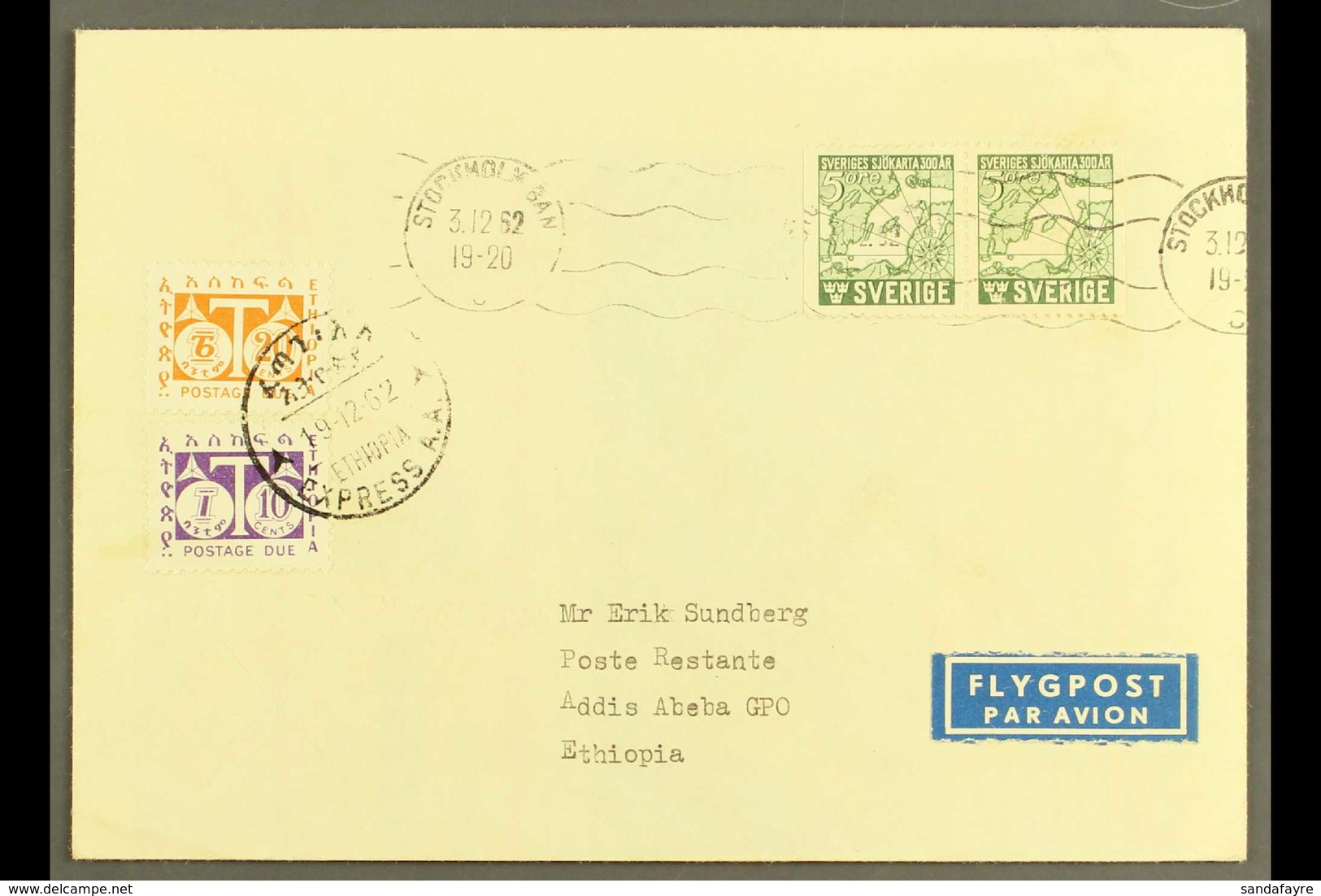 1962 POSTAGE DUE COVER From Sweden Bearing 5 Ore Pair, And With 1951 10c And 20c Postage Dues (SD D419/D420) Applied Tie - Ethiopia