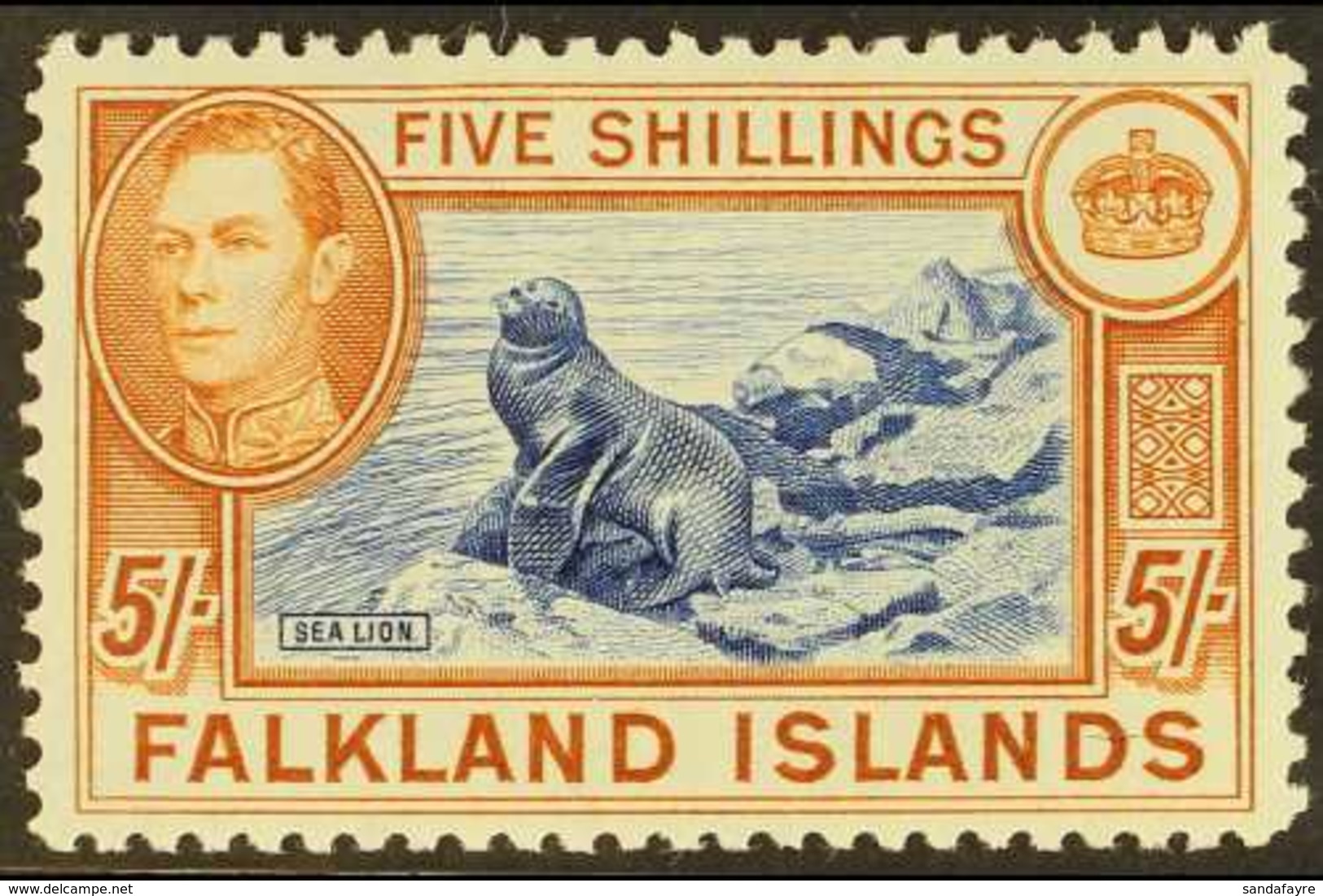1938-50 5s Dull Blue & Yellow Brown On Greyish Paper, SG 161c, Fine Lightly Hinged Mint For More Images, Please Visit Ht - Falkland Islands
