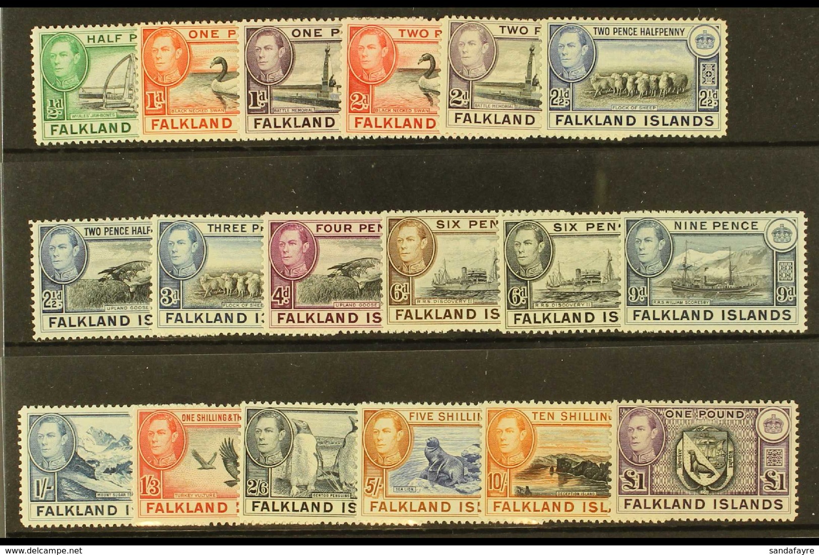 1938-50 Pictorial Definitive Set, SG 146/63, Fine Mint (18 Stamps) For More Images, Please Visit Http://www.sandafayre.c - Falkland