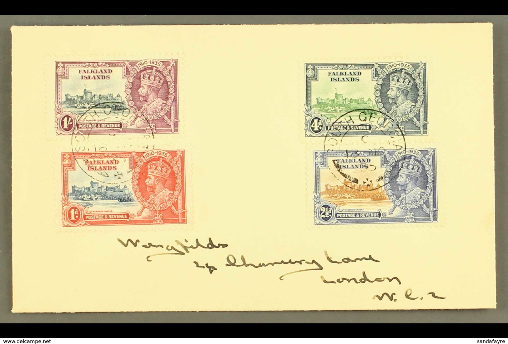 SOUTH GEORGIA 1935 Silver Jubilee Complete Set, SG 139/142, Fine Used On Cover Tied By South Georgia Cds Cancels Of 8 NO - Falkland Islands