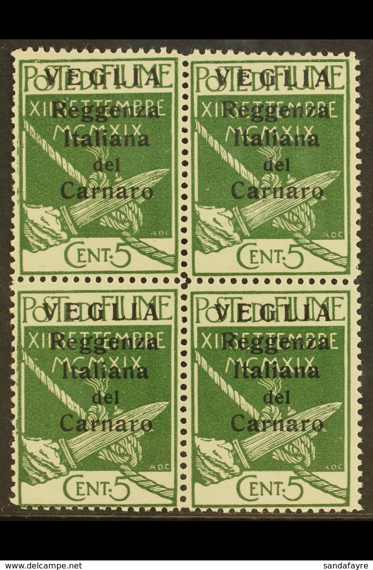 VEGLIA 1920 (28 Nov) 5c Green With Small "VEGLIA" Opt, Sassone 5, Never Hinged Mint Block Of Four. (4 Stamps)  For More  - Fiume