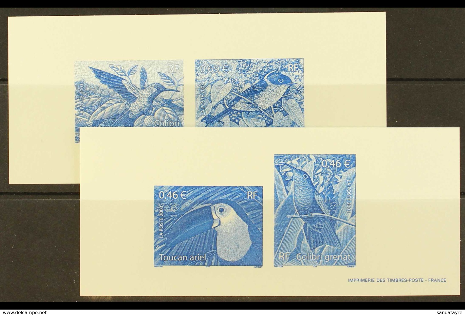 2003 Birds Printed In BLUE ONLY, Set Of 4 On Two Cards, Yvert 3548/51, Approx Size 140 X 60mm, Clean & Fine (2 Cards).   - Other & Unclassified
