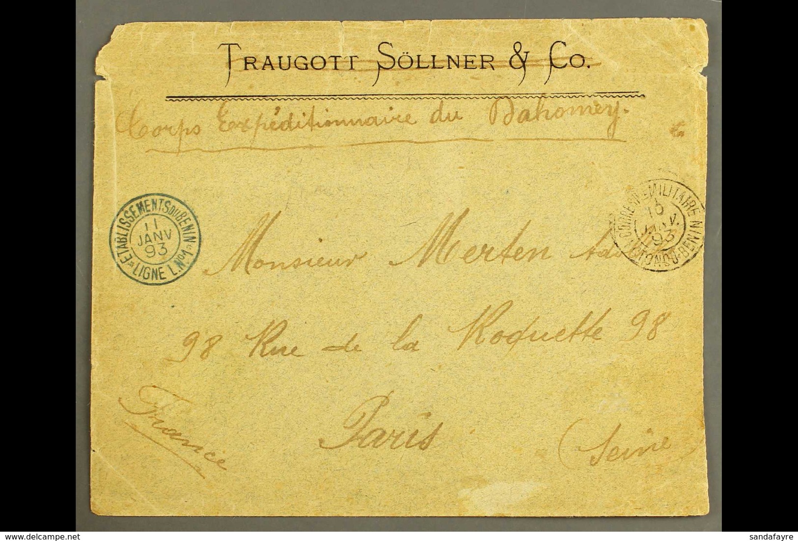 BENIN 1893 Military Cover To Paris With M/s "Corps Expeditionnaire Du Dahomey" With "Correspce Militaire Kotonou Benin 1 - Other & Unclassified