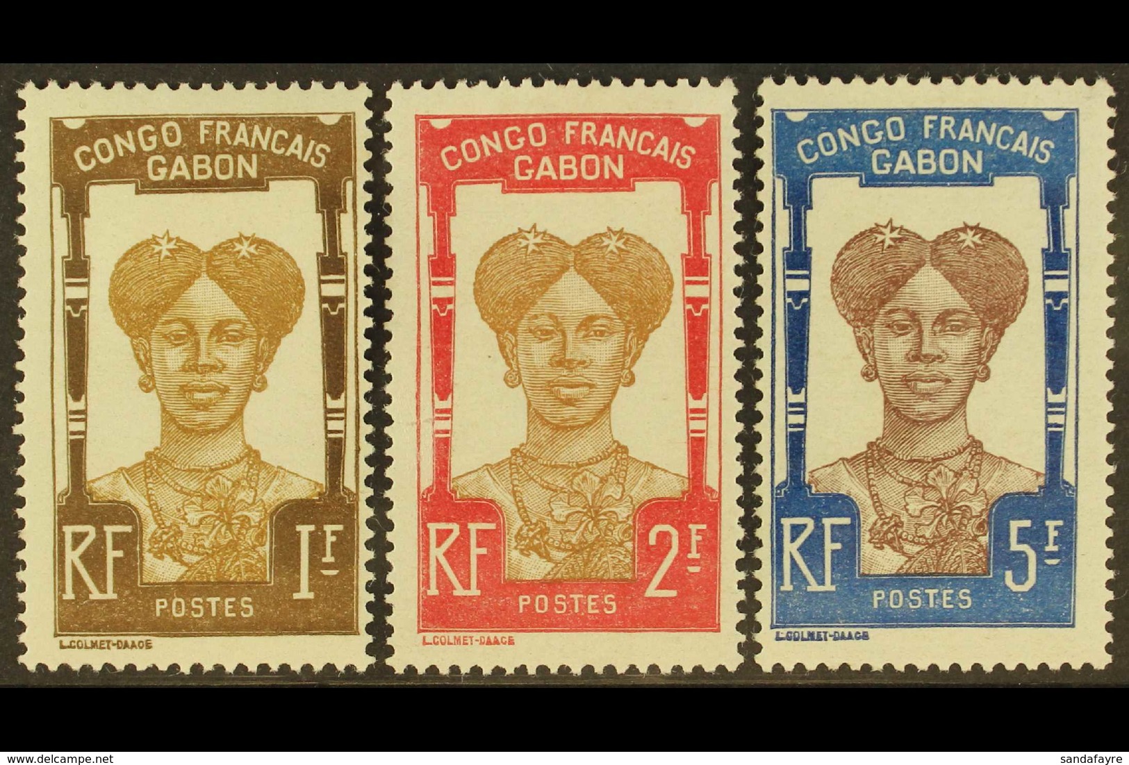 GABON 1910 1f Bistre & Brown, 2f Brown & Carmine And 5f Chocolate & Blue Bantu Woman 'Congo Francais Gabon' Top Values ( - Other & Unclassified
