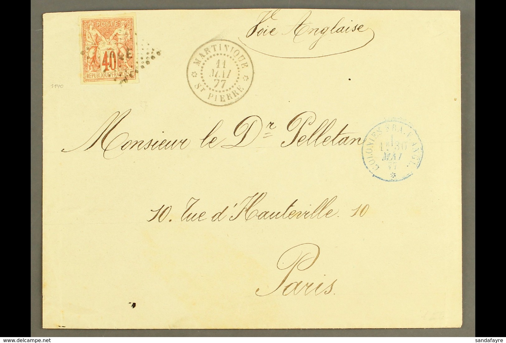 MARTINIQUE 1877 Cover To Paris Franked Sage 40c Orange Tied By MQE In Dotted Lozenge With Martinique St Pierre Cds In As - Other & Unclassified