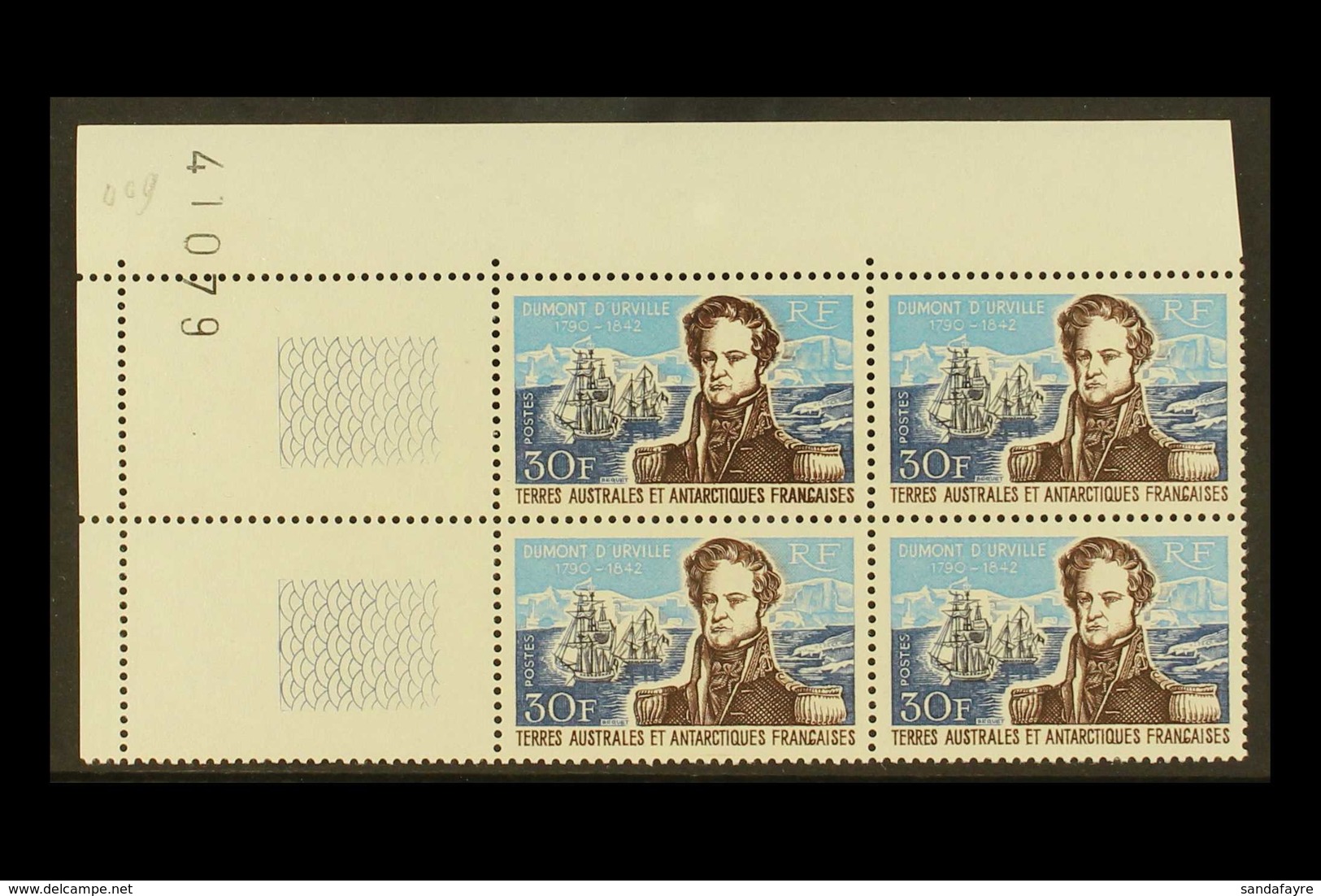 F.S.A.T. 1979 30fr Dumont D'Urville, Yv 28, Corner Dated Block Of 4, Superb Never Hinged Mint. For More Images, Please V - Other & Unclassified