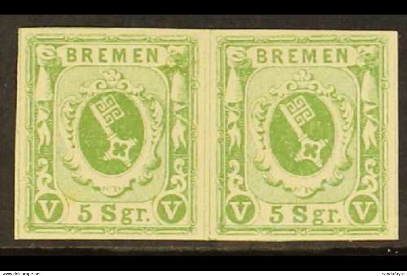 BREMEN 1859 5sgr Yellow-green Imperf (Michel 4a, SG 5), Very Fine Mint Horizontal PAIR, Four Margins, With A Till Neuman - Altri & Non Classificati