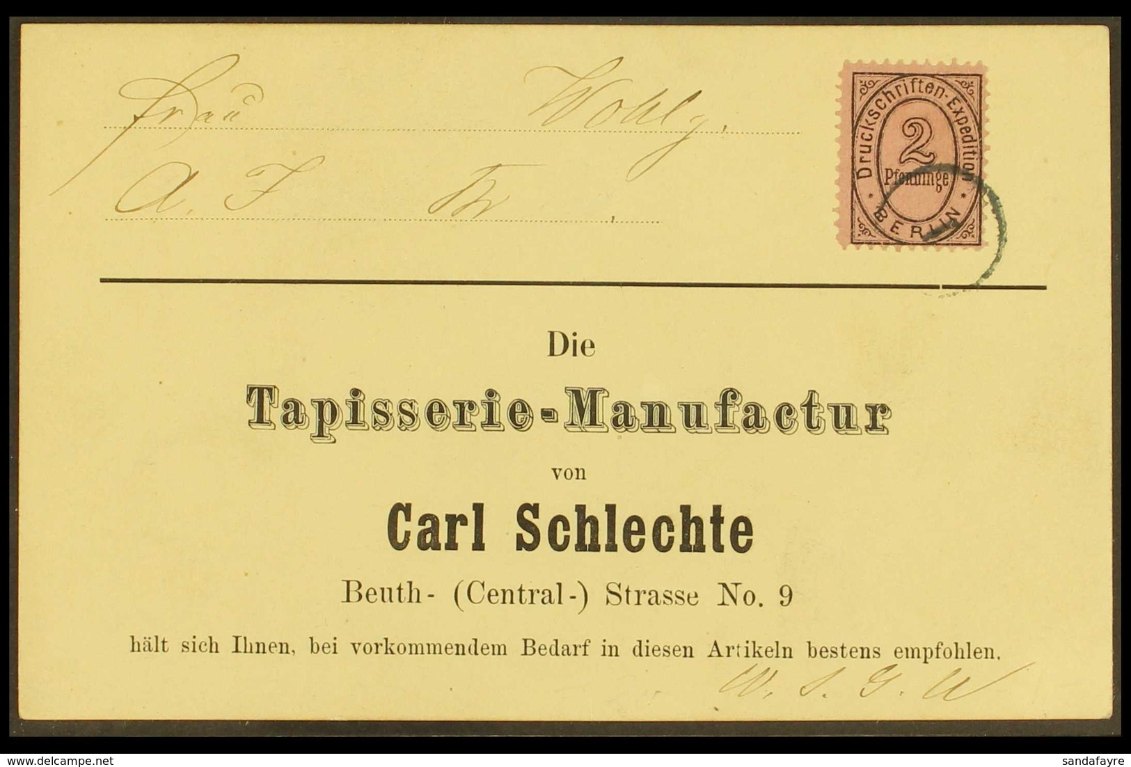 BERLIN BRIEF UND DRUCKSCHRIFTEN EXPEDITION 1873 2pf Black On Rose (Michel 1) On Locally Addressed Commercial Postcard Ti - Altri & Non Classificati