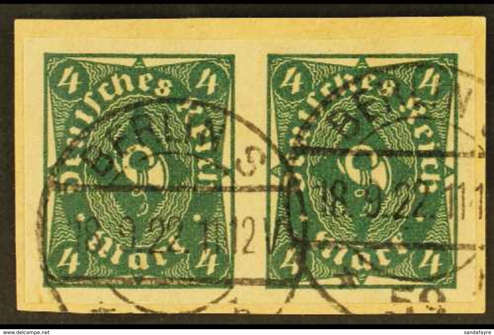 1922-23 4m Deep Green IMPERF (Michel 226a U, SG 206a), Superb Used Horizontal IMPERF PAIR On Piece Tied By Fully Dated C - Other & Unclassified