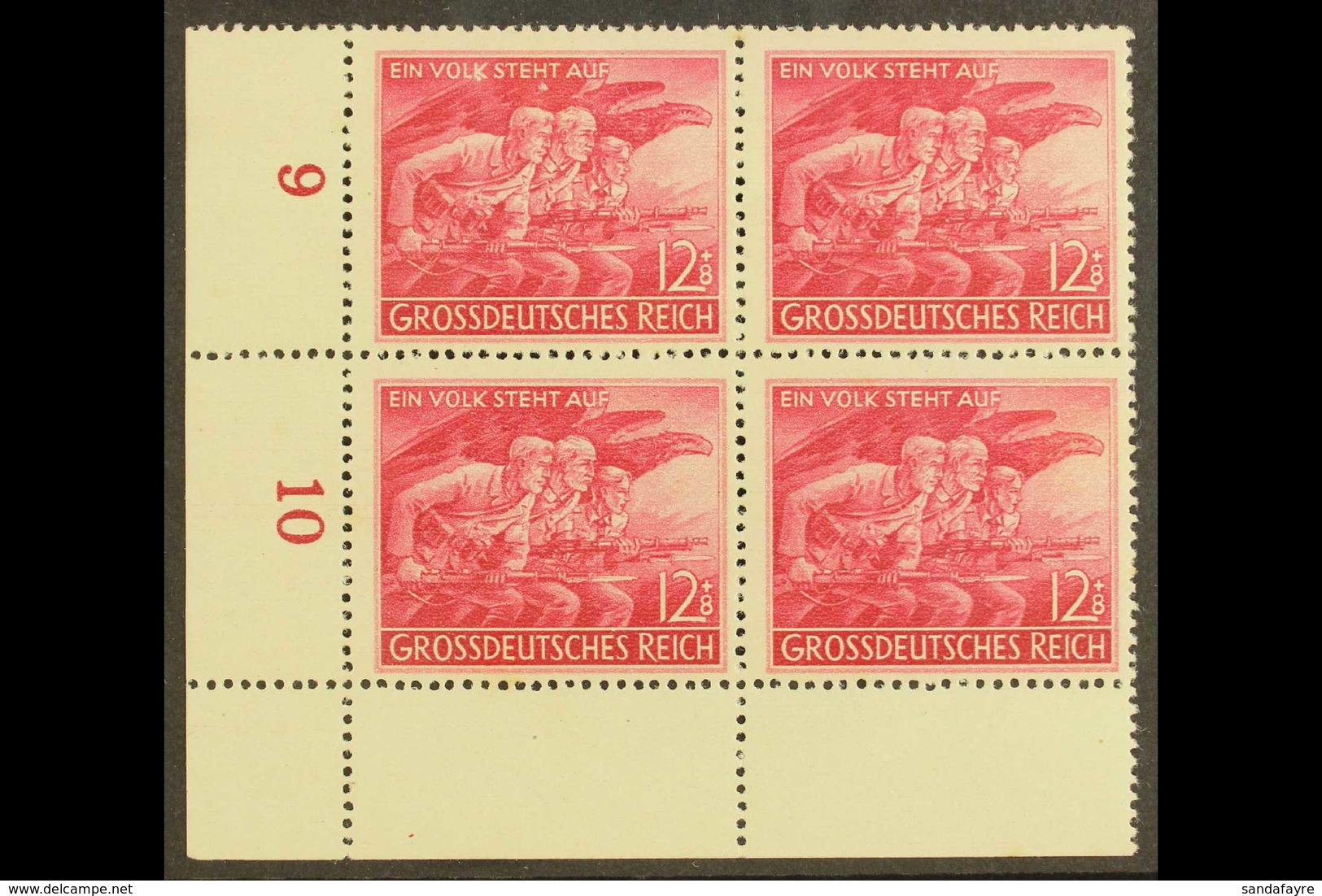 1945 12+8 (Pf) Home Guard With "Spot By K" Plate Flaw, Michel 908 II, In A Never Hinged Mint Lower Left Corner Block Of  - Altri & Non Classificati