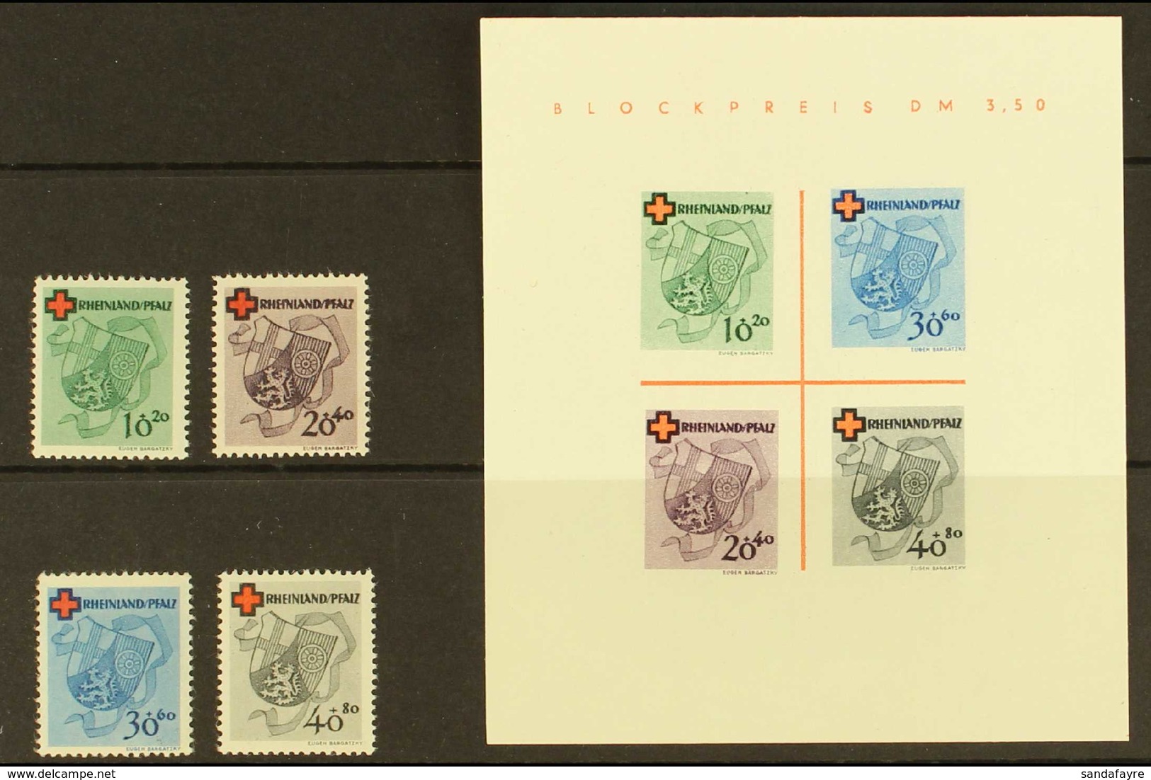 FRENCH ZONE RHEINLAND-PFALZ 1949 Red Cross Complete Set & Mini-sheet Type IV (Michel 42/45 & Block 1 II/IV, SG FR42/45 & - Altri & Non Classificati