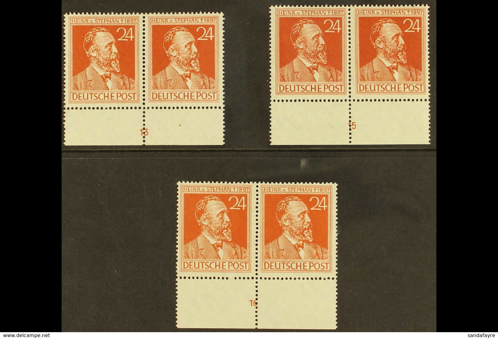 GENERAL 1947 24pf Brown Orange Stephan (Michel 963, SG 949), Three Horizontal Lower Marginal PAIRS With 13, 15 & 16 PLAT - Altri & Non Classificati