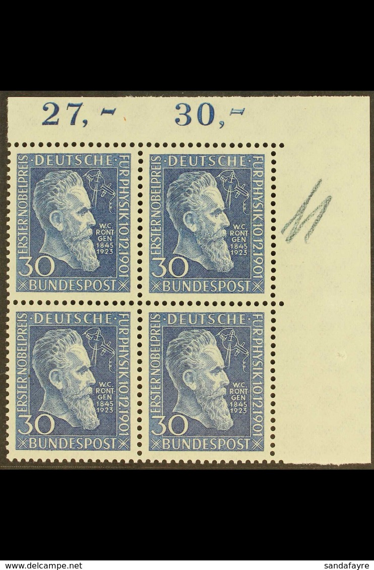 1951 30pf Blue Rontgen (Michel 147, SG 1073), Superb Never Hinged Mint Upper Right Corner BLOCK Of 4, Very Fresh. (4 Sta - Altri & Non Classificati
