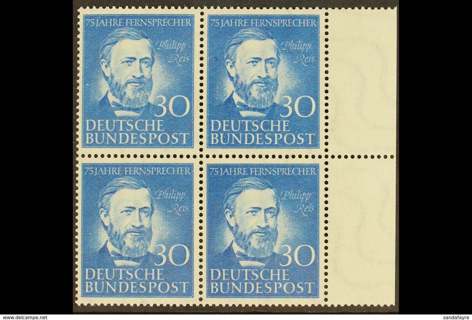 1952 30pf Blue Reis - Telephone (Michel 161, SG 1087), Superb Never Hinged Mint Marginal BLOCK Of 4, Very Fresh. (4 Stam - Other & Unclassified