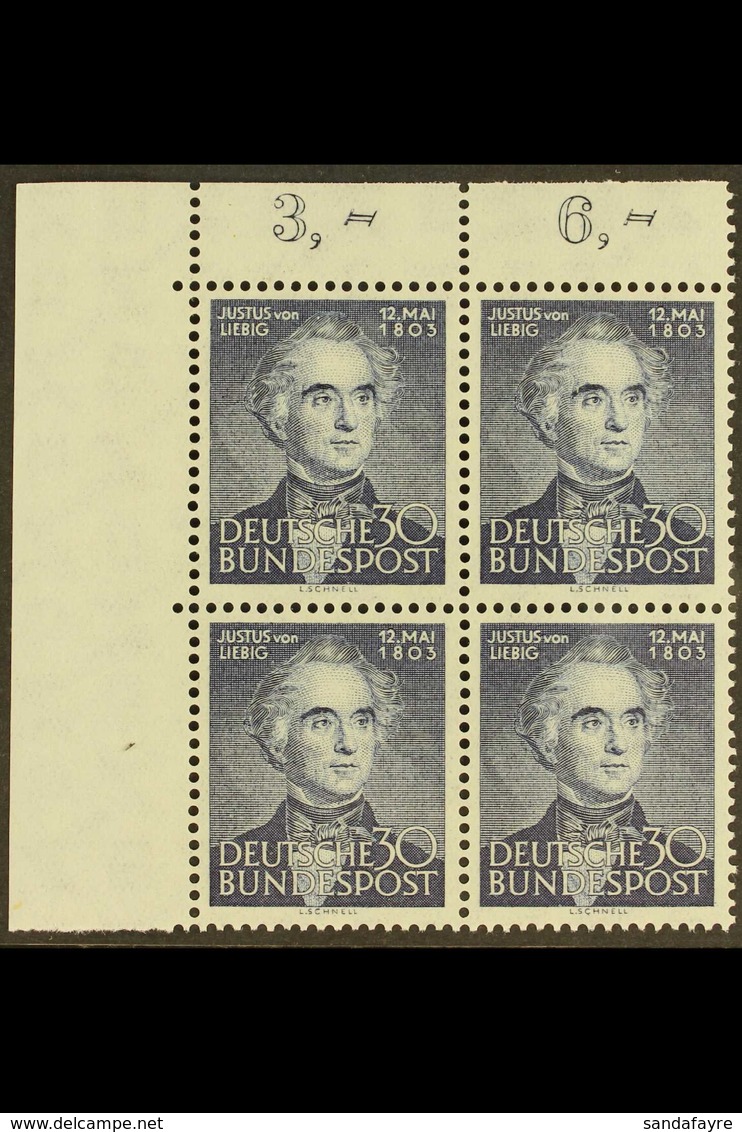 1953 30pf Deep Blue Liebig (Michel 166, SG 1092), Superb Never Hinged Mint Upper Left Corner BLOCK Of 4, Very Fresh. (4  - Other & Unclassified