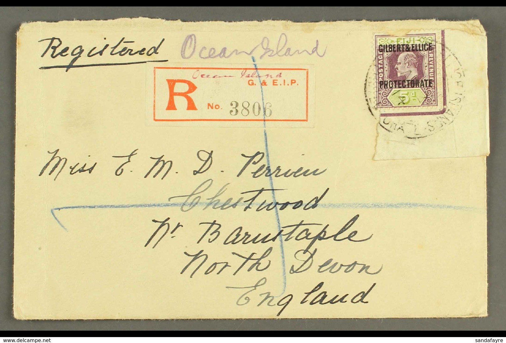 OCEAN ISLAND 1914 Registered Cover To England, Bearing Corner Marginal 5d Ovpt On Fiji (damaged At Top), Cancelled By "G - Gilbert & Ellice Islands (...-1979)