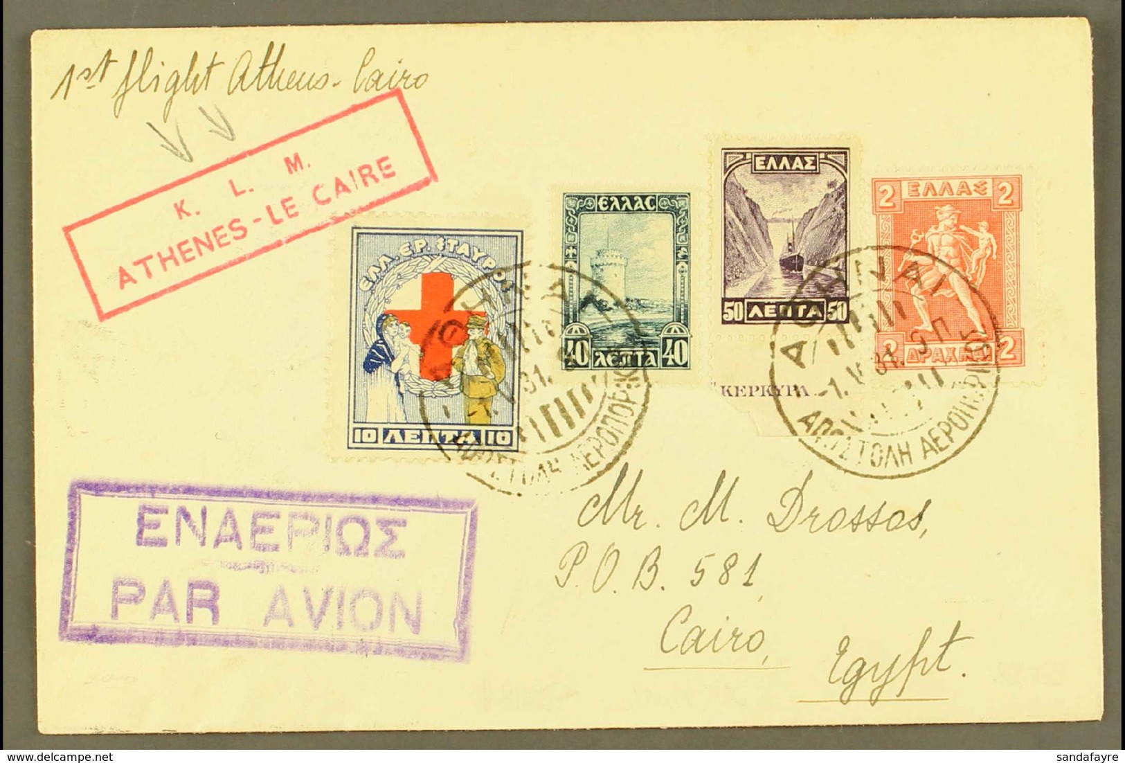 1931 FIRST FLIGHT COVER (May 1st) Athens To Cairo First Flight Cover, One Of Only 82 Covers Carried Bearing KLM Cachet.  - Altri & Non Classificati