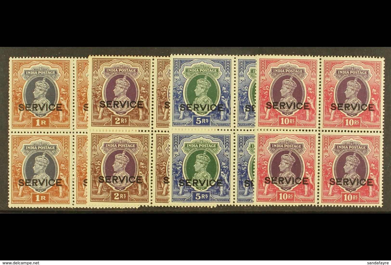 OFFICIALS 1937-39 King George VI 1r, 2r, 5r, 10r With "SERVICE" Overprints, SG O138/O141, Each As Never Hinged Mint BLOC - Altri & Non Classificati