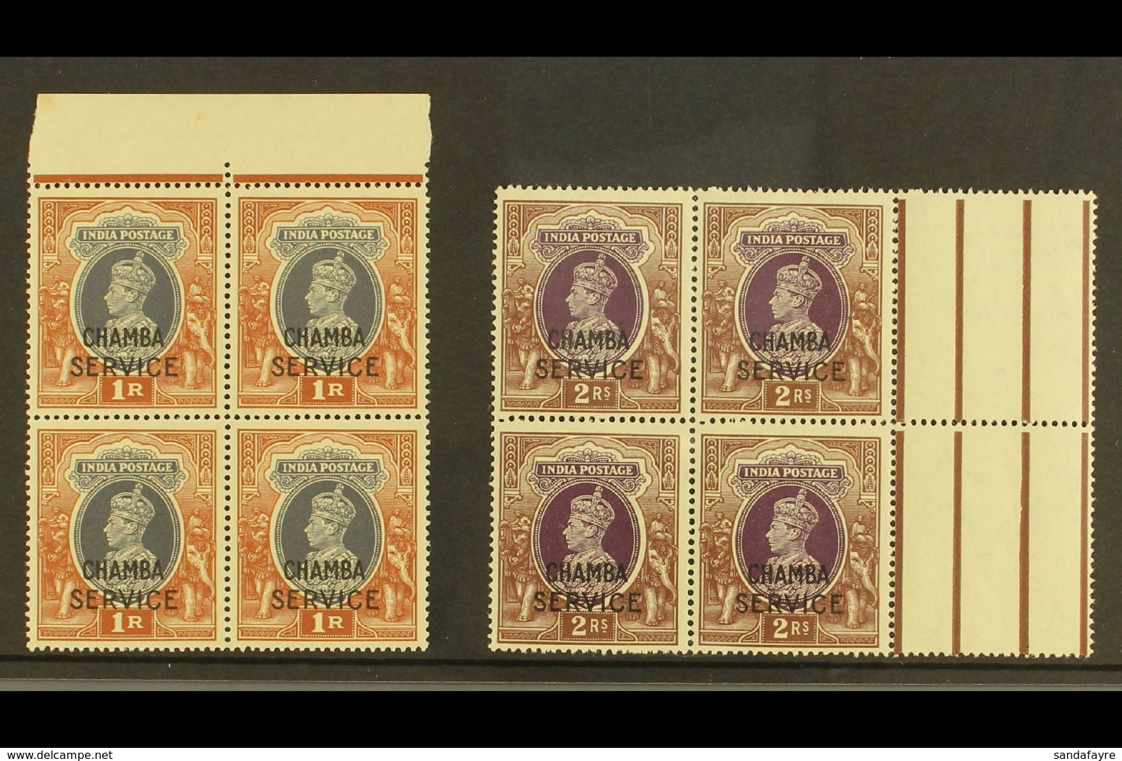 CHAMBA OFFICIALS. 1940-43 1r & 2r Marginal Blocks Of 4, SG O83/84, Never Hinged Mint (2 Blocks Of 4) For More Images, Pl - Altri & Non Classificati