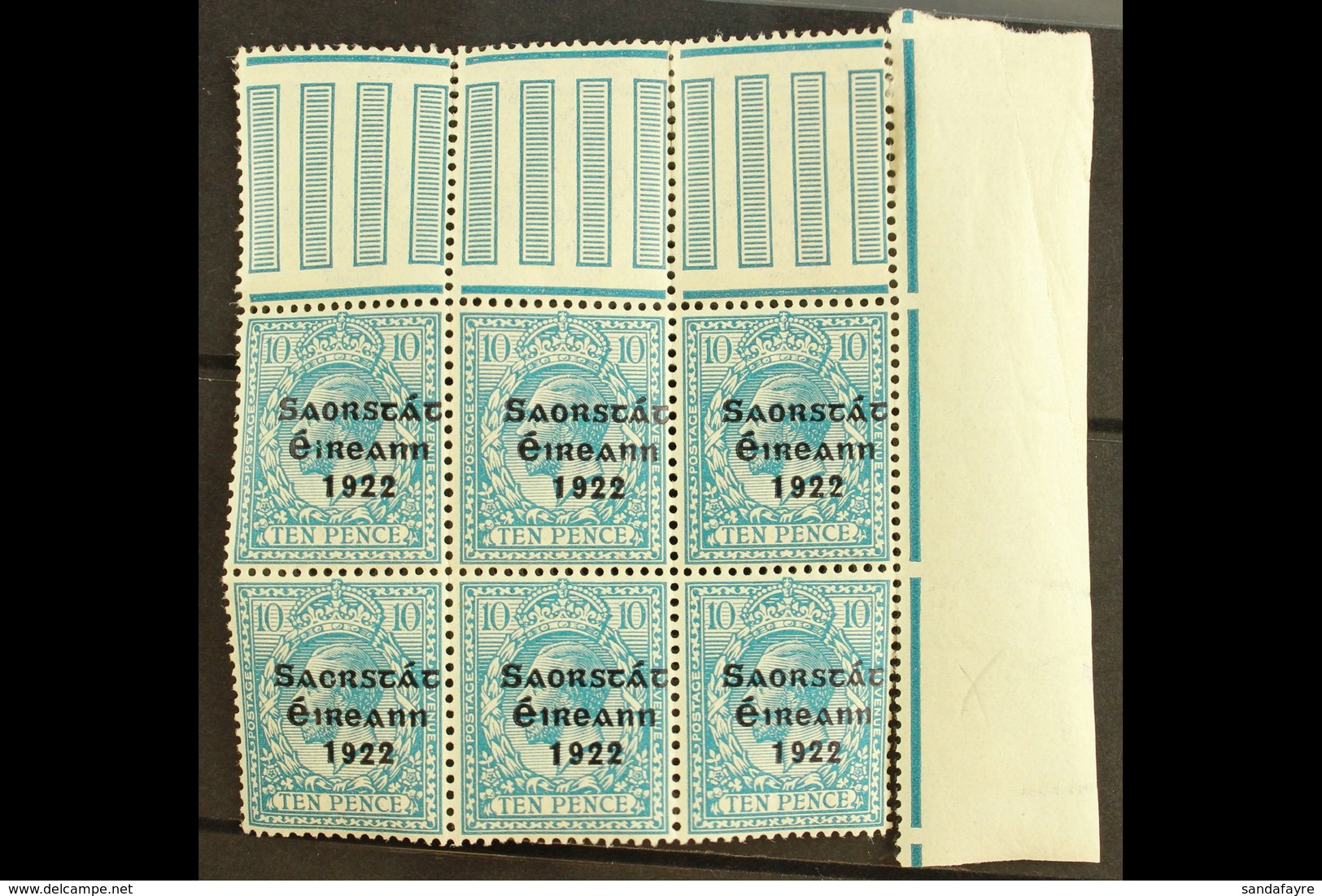 1922-23 SAORSTAT 10d Turquoise-blue, SG 62, Right Marginal Block Of Six With Gutter Margin To Top, One Showing Open C Fo - Altri & Non Classificati