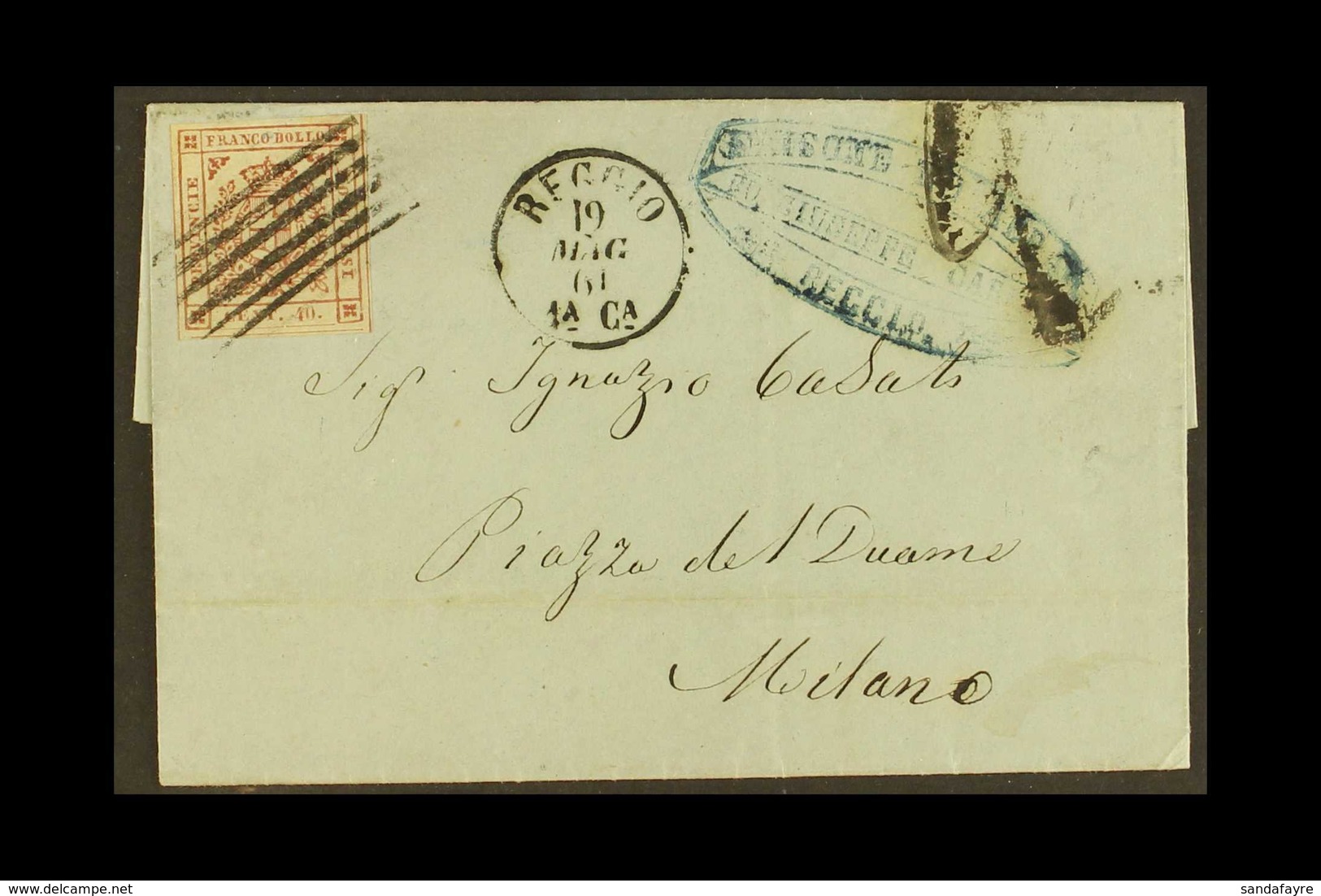 MODENA 1859 40c Brownish Carmine, Sass 17c, Superb Used On 1861 Cover To Milan, Tied By Neat 5 Bar Cancel With Reggio 19 - Non Classificati