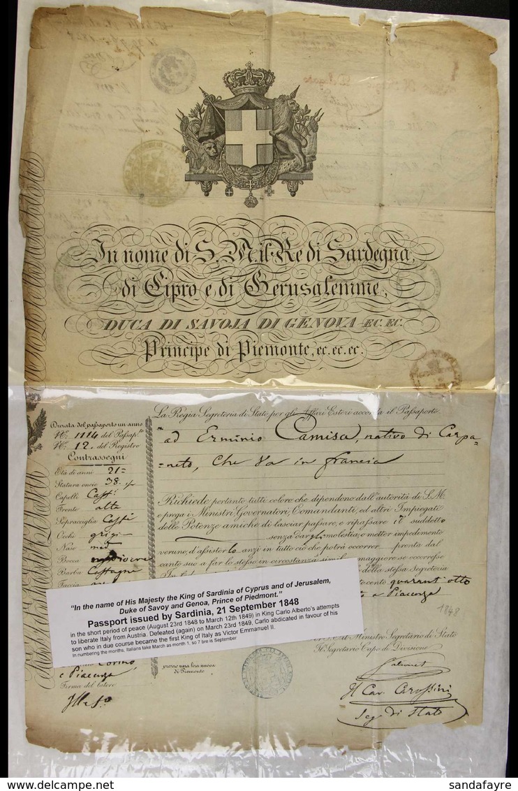 SARDINIA 1848 Magnificent Illustrated Passport "in The Name Of His Majesty The King Of Sardinia, Of Cyprus And Of Jerusa - Non Classificati