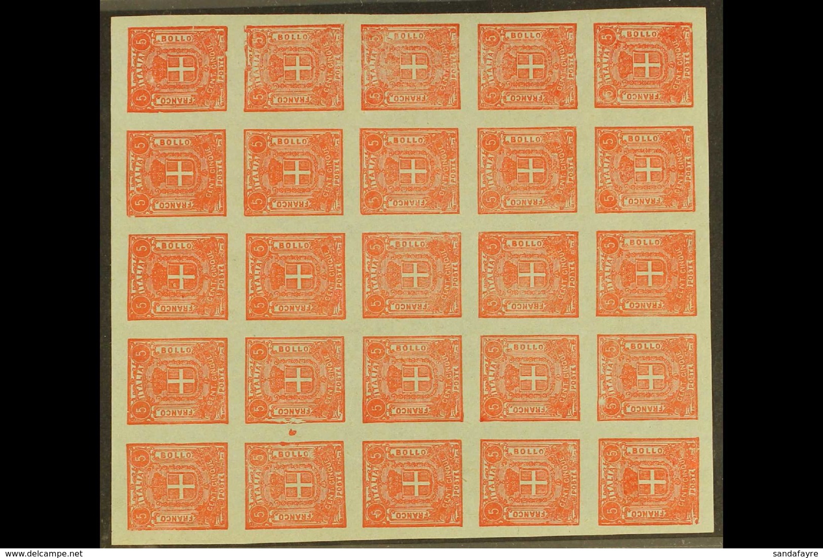 1862 SPARRE ESSAY 5c Red On Grey Paper, "Savoy Arms", Gummed Without Watermark, CEI S7i, Superb Unused Sheet Of 25. Cat  - Unclassified