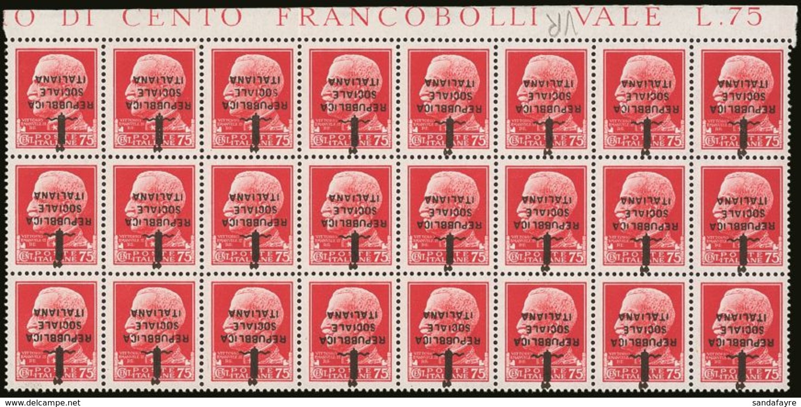 1944 75c Carmine Florence R.S.I. Overprint, Spectacular Block Of 24 From The Top Of The Sheet With INVERTED OVERPRINT, S - Non Classificati