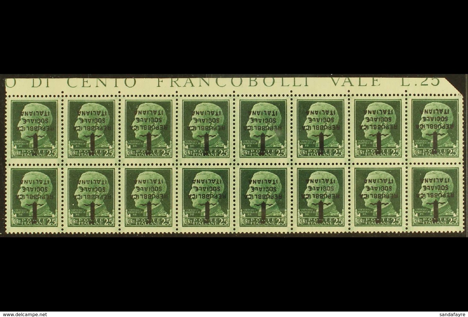 ITALIAN SOCIAL REPUBLIC (R.S.I.) 1944 25c Green Florence Overprint, With "OVERPRINT INVERTED" Variety, Sassone 491a, A S - Unclassified