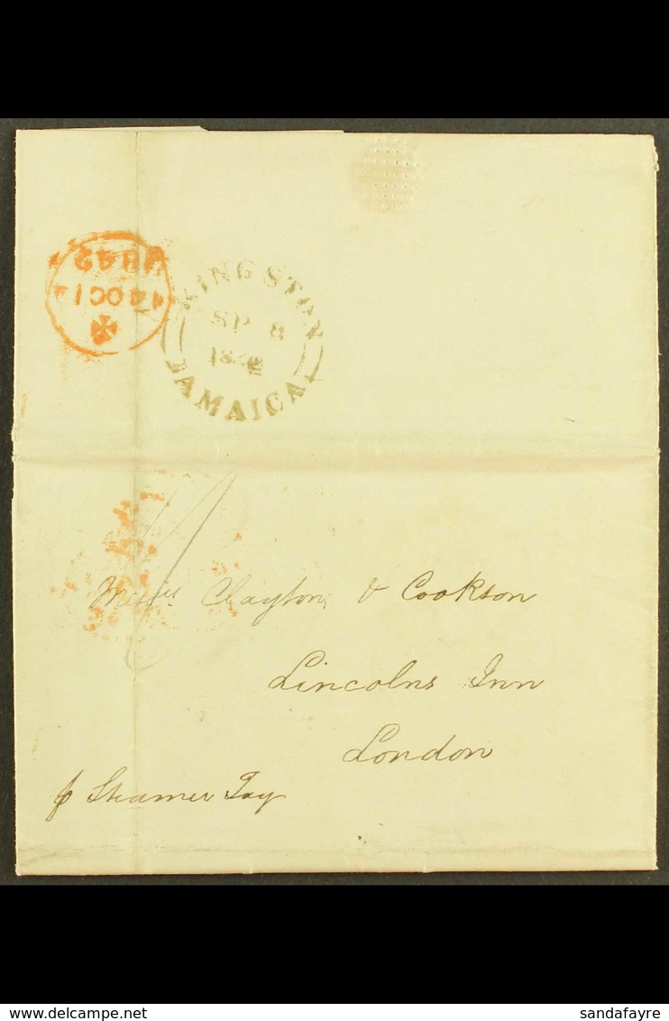 1842 (Sept) Entire Letter To London "Pr. Steamer Tay", Showing A Good "KINGSTON JAMAICA" Cds (type K6a), Arrival Mark Al - Giamaica (...-1961)