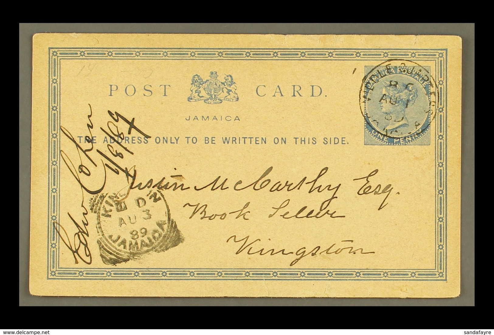 1889 (Aug 1) 1d Postal Card To Kingston, Fine "MIDDLE QUARTERS" Cds, Small Peripheral Faults. For More Images, Please Vi - Jamaica (...-1961)